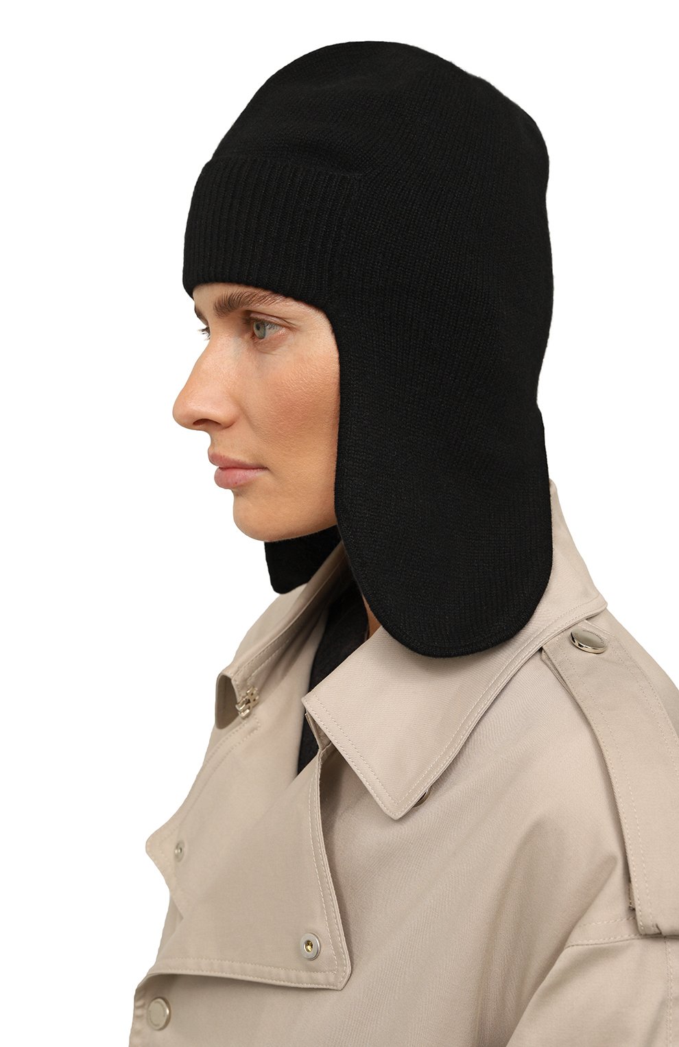 Женская кашемировая шапка-ушанка TEGIN черного цвета, арт. 5603-9907 | Фото 2 (Материал: Текстиль, Кашемир, Шерсть; Материал сплава: Проставлено; Нос: Не проставлено)