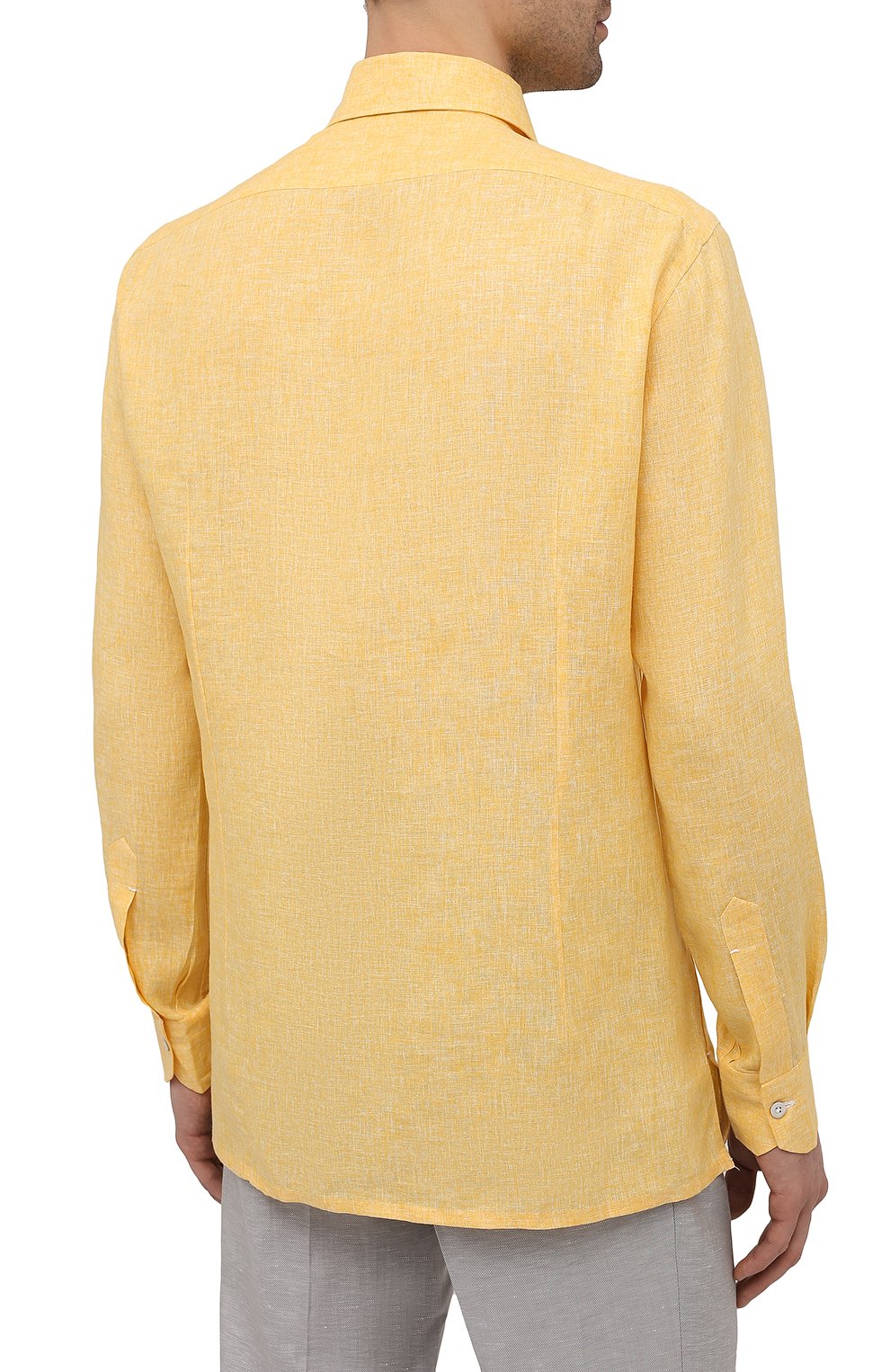 Мужская льняная рубашка KITON желтого цвета, арт. UMCNERH0768503 | Фото 4 (Манжеты: На пуговицах; Рукава: Длинные; Воротник: Акула; Случай: Повседневный; Длина (для топов): Стандартные; Рубашки М: Slim Fit; Региональные ограничения белый список (Axapta Mercury): RU; Материал внешний: Лен; Принт: Однотонные; Стили: Кэжуэл)