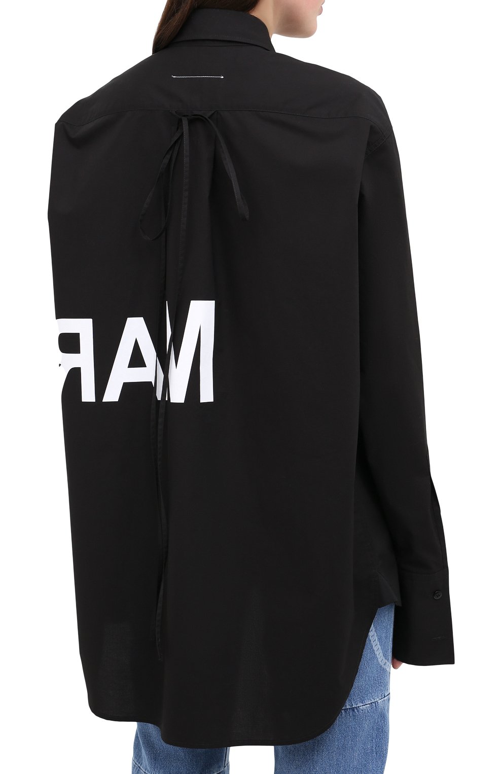 Женская хлопковая рубашка MM6 черного цвета, арт. S52DL0097/S47294 | Фото 4 (Рукава: Длинные; Женское Кросс-КТ: Рубашка-одежда; Принт: С принтом; Длина (для топов): Удлиненные; Материал внешний: Хлопок)