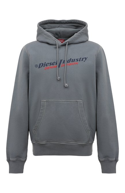 Мужской хлопковое худи DIESEL серо-голубого цвета, арт. A03744/0AJIH | Фото 1 (Рукава: Длинные; Длина (для топов): Стандартные; Материал внешний: Хлопок; Мужское Кросс-КТ: Худи-одежда; Принт: С принтом; Стили: Спорт-шик)