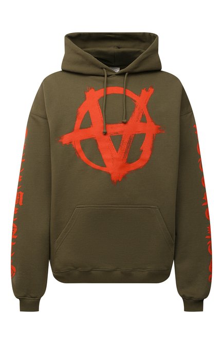 Мужской хлопковое худи VETEMENTS хаки цвета, арт. UE52TR460K 1601/M | Фото 1 (Материал внешний: Хлопок; Рукава: Длинные; Длина (для топов): Стандартные; Региональные ограничения белый список (Axapta Mercury): RU; Мужское Кросс-КТ: Худи-одежда; Принт: С принтом; Стили: Спорт-шик)