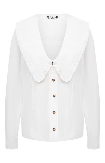 Женская хлопковая рубашка GANNI белого цвета, арт. F5778 | Фото 1 (Принт: Без принта; Длина (для топов): Стандартные; Материал внешний: Хлопок; Стили: Бохо; Рукава: Длинные; Женское Кросс-КТ: Рубашка-одежда)