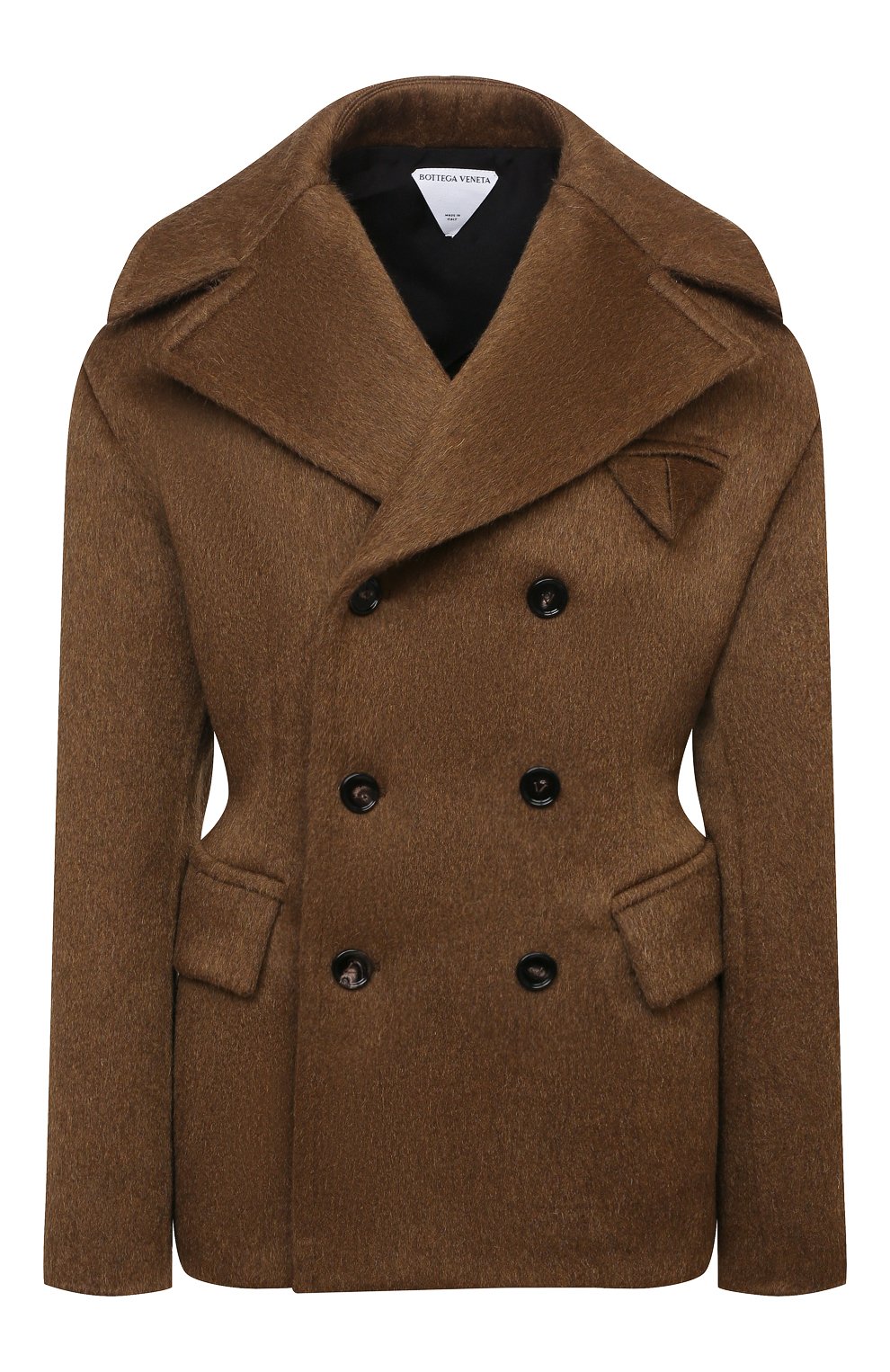 Женское пальто BOTTEGA VENETA коричневого цвета, арт. 666490/V0XS0 | Фото 1 (Материал внешний: Шерсть; Рукава: Длинные; Стили: Гламурный; Длина (верхняя одежда): Короткие; Материал подклада: Вискоза; 1-2-бортные: Двубортные)