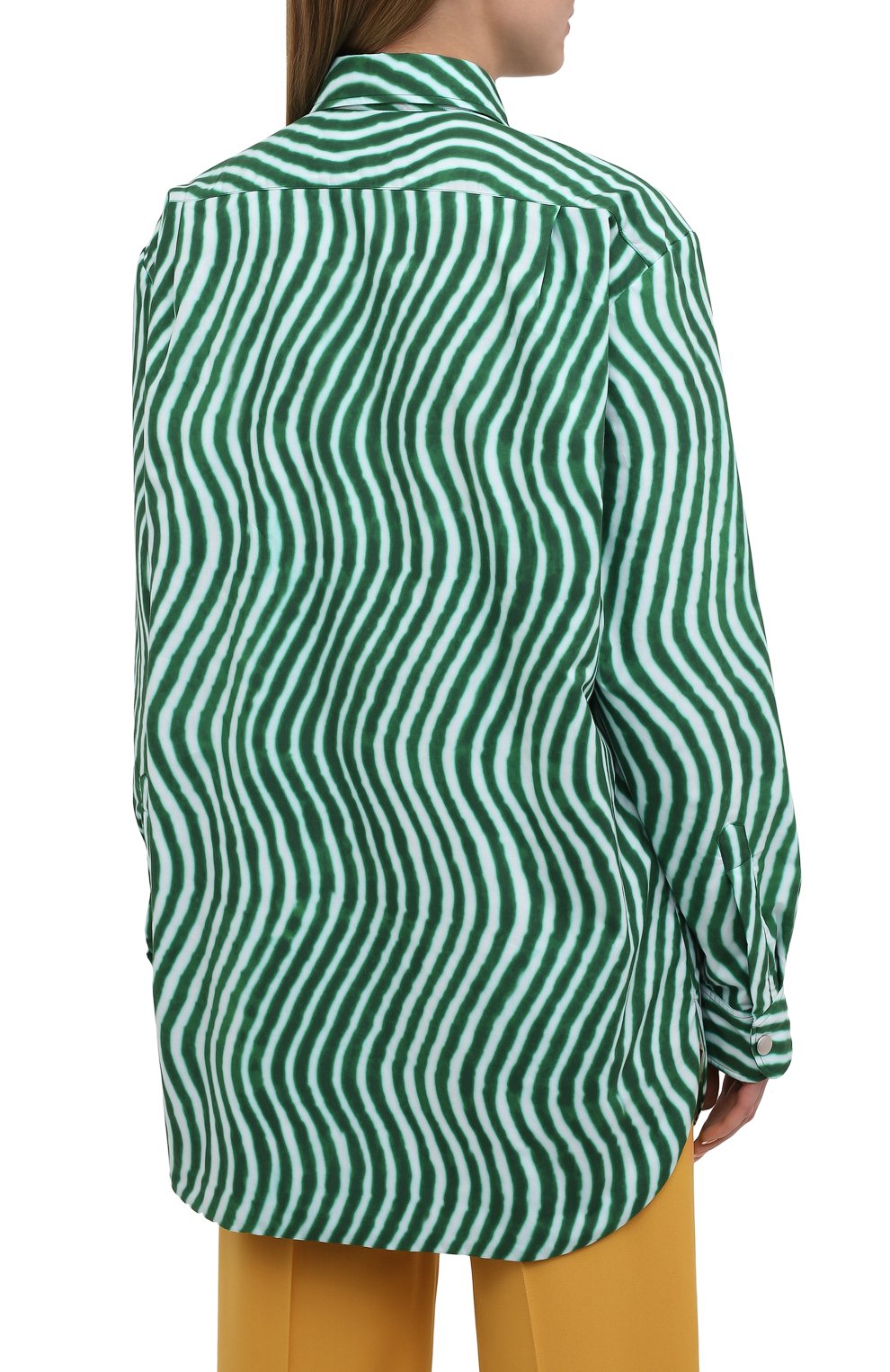 Женская хлопковая рубашка DRIES VAN NOTEN зеленого цвета, арт. 211-30731-2009 | Фото 4 (Рукава: Длинные; Женское Кросс-КТ: Рубашка-одежда; Принт: С принтом; Длина (для топов): Удли�ненные; Региональные ограничения белый список (Axapta Mercury): RU; Материал внешний: Хлопок; Материал подклада: Хлопок; Стили: Кэжуэл)