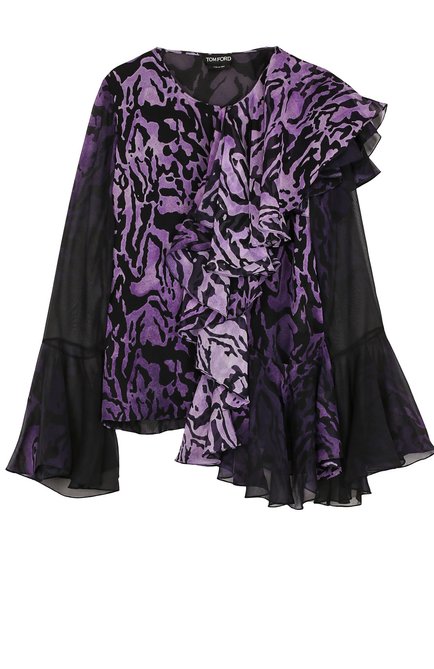Женская шелковая блузка TOM FORD лилового цвета, арт. TS1613-FAP041 | Фото 1 (Рукава: Длинные; Материал внешний: Шелк; Длина (для топов): Стандартные; Женское Кросс-КТ: Блуза-одежда; Принт: С принтом)