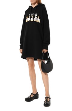 Женское хлопковое платье GUCCI черного цвета, арт. 610127 XJCR1 | Фото 2 (Рукава: Длинные; Длина Ж (юбки, платья, шорты): Мини; Случай: Повседневный; Материал сплава: Проставл�ено; Материал внешний: Хлопок; Стили: Спорт-шик; Драгоценные камни: Проставлено; Женское Кросс-КТ: Платье-одежда)