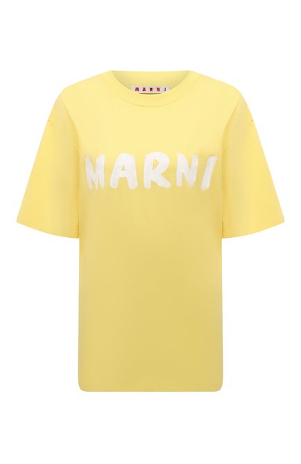 Женская хлопковая футболка MARNI желтого цвета, арт. THJET49EPH/USCS11 | Фото 1 (Длина (для топов): Стандартные; Драгоценные камни: Проставлено; Материал сплава: Проставлено; Материал внешний: Хлопок; Рукава: Короткие; Женское Кросс-КТ: Футболка-одежда; Стили: Кэжуэл; Принт: С принтом)