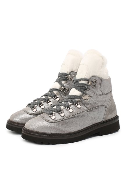 Детские кожаные ботинки с меховой отделкой BRUNELLO CUCINELLI серебряного цвета по цене 76700 руб., арт. BZMICZG027 | Фото 1