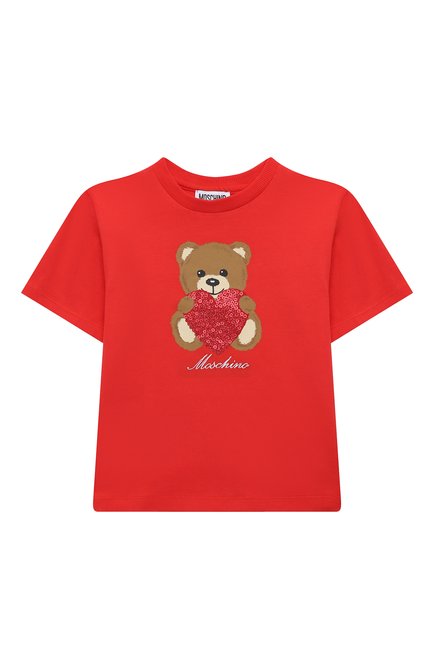Детская хлопковая футболка MOSCHINO красного цвета, арт. H4M02T/LBA11/4A-8A | Фото 1 (Материал внешний: Хлопок; Рукава: Короткие; Материал сплава: Проставлено; Драгоценные камни: Проставлено)
