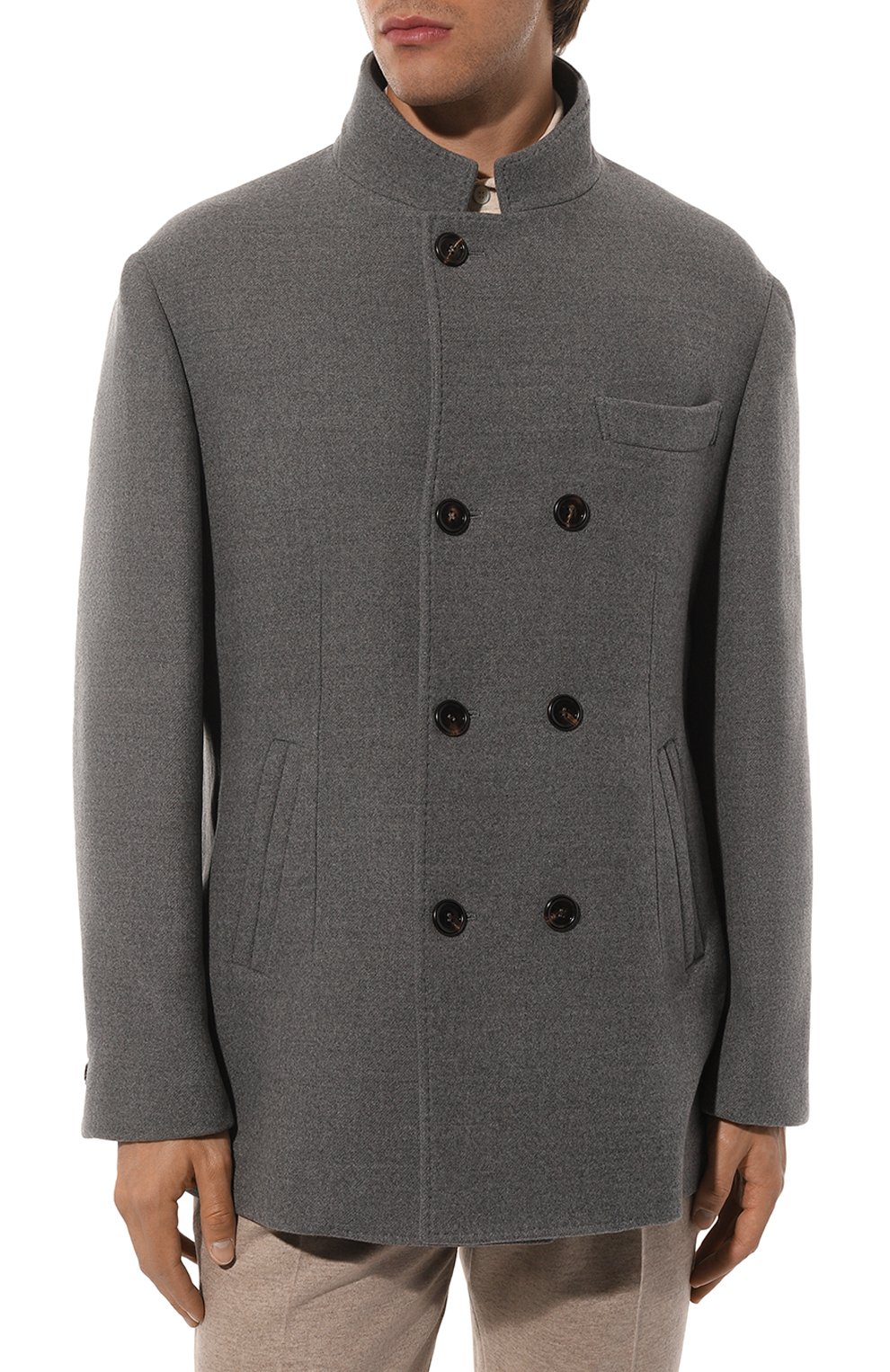 Мужской шерстяное пальто BRUNELLO CUCINELLI серого цвета, арт. MQ4217003 | Фото 3 (Материал внешний: Шерсть; Рука ва: Длинные; Материал сплава: Проставлено; Драгоценные камни: Проставлено; Длина (верхняя одежда): Короткие; Мужское Кросс-КТ: пальто-верхняя одежда; Материал подклада: Купро; Стили: Кэжуэл)