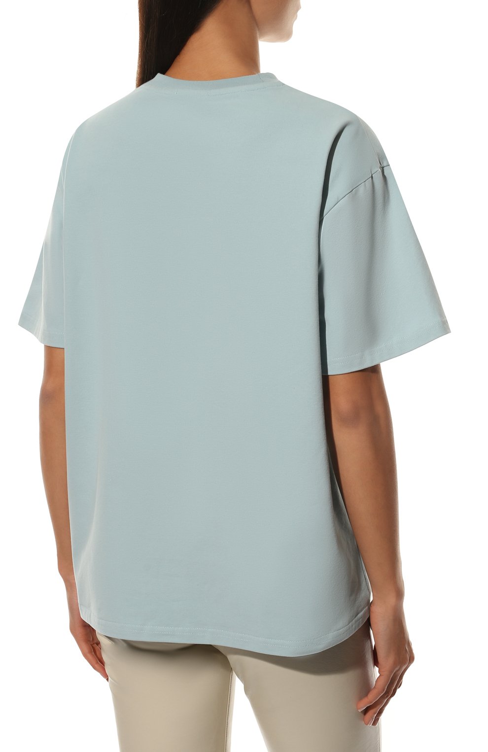 Женская хлопковая футболка SASHA KIM светло-голубого цвета, арт. УТ-00000615 | Фото 4 (Рукава: Короткие; Длина (для топов): Стандартные; Принт: С принтом; Материал внешний: Хлопок; Стили: Спорт-шик; Женское Кросс-КТ: Футболка-одежда)