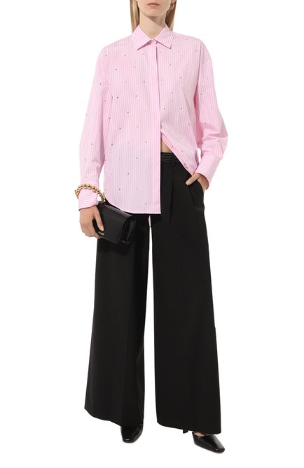 Женская хлопковая рубашка с отделкой стразами MSGM розового цвета, арт. 3641MDE18X/247104 | Фото 2 (Драгоценные камни: Проставлено; Материал внешний: Хлопок; Длина (для топов): Удлиненные; Рукава: Длинные; Материал сплава: Проставлено)