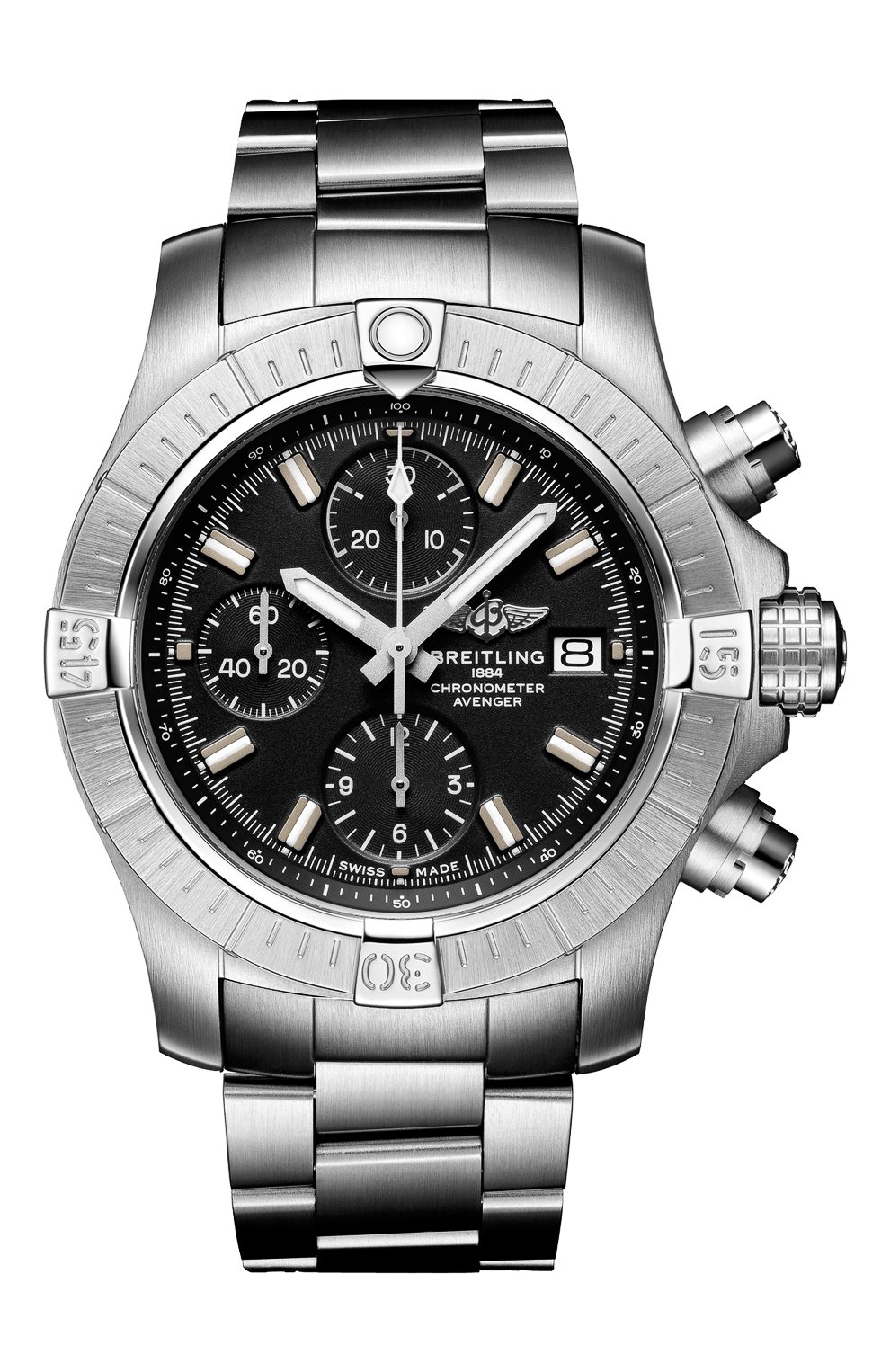 Мужские часы avenger chronograph 43 BREITLING бесцветного цвета, арт. A13385101B1A1 | Фото 1 (Механизм: Автомат; Материал корпуса: Сталь; Цвет циферблата: Чёрный)