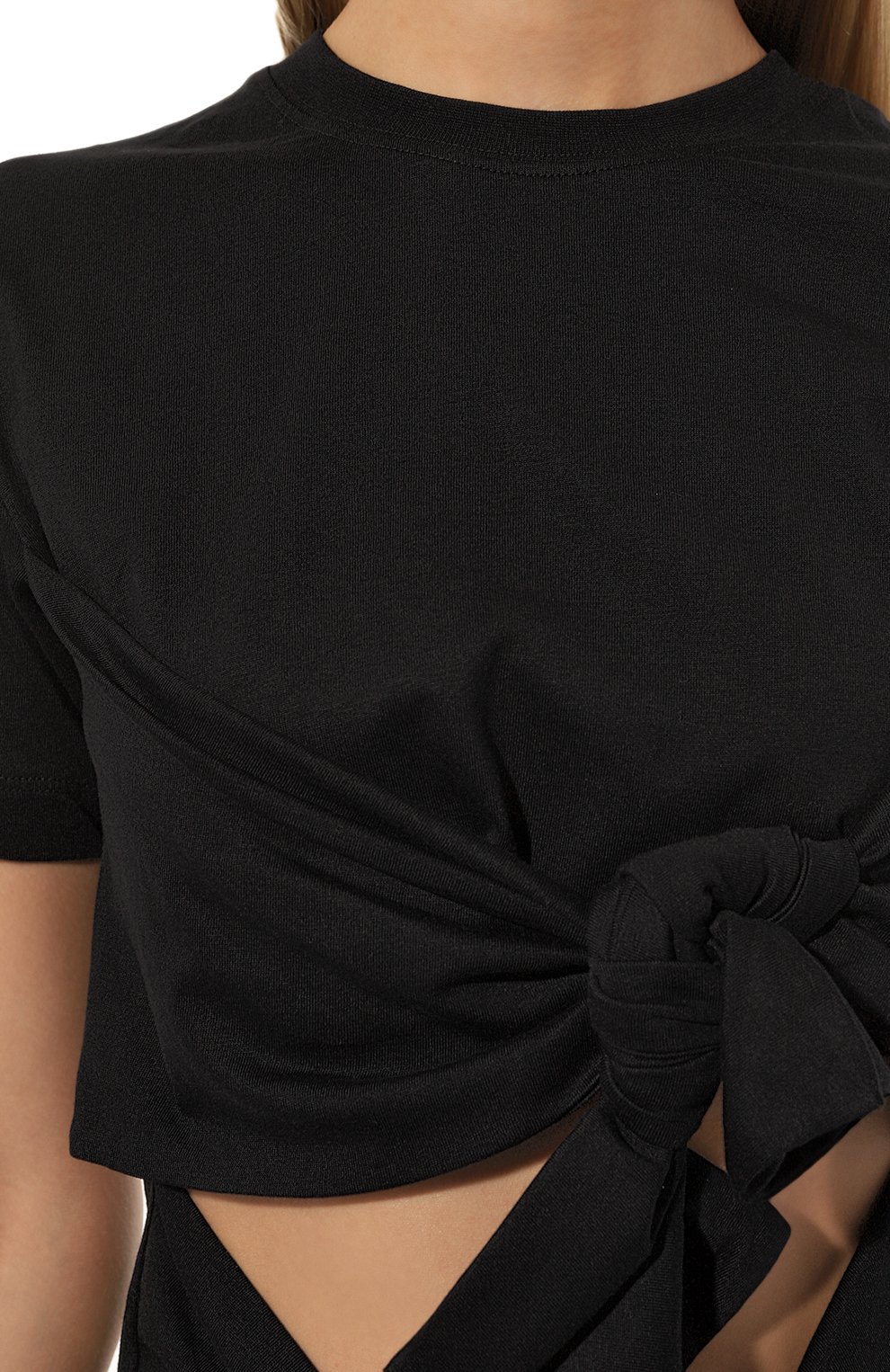 Женская хлопковая футболка MSGM черного цвета, арт. 3542MDM85/237798 | Фото 5 (Стили: Гламурный; Принт: Без принта; Рукава: Короткие; Длина (для топов): Стандартные; Материал сплава: Проставлено; Материал внешний: Хлопок; Женское Кросс-КТ: Футболка-одежда; Драгоценные камни: Проставлено)
