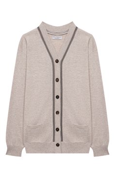 Детский кашемировый кардиган BRUNELLO CUCINELLI бежевого цвета, арт. B12M10506B | Фото 1 (Материал внешний: Шерсть, Кашемир; Рукава: Длинные; Материал сплава: Проставлено; Девочки Кросс-КТ: Кардиган-одежда; Драгоценные камни: Проставлено; Ростовка одежда: 10 - 11 лет | 140 - 146см, 8 лет | 128 см)