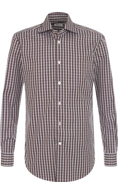 Мужская хлопковая сорочка в клетку KITON коричневого цвета, арт. UCIH0600216000 | Фото 1 (Манжеты: На пуговицах; Принт: Клетка; Рукава: Длинные; Воротник: Акула; Случай: Повседневный; Длина (для топов): Стандартные; Материал внешний: Хлопок; Статус проверки: Проверено, Проверена категория)