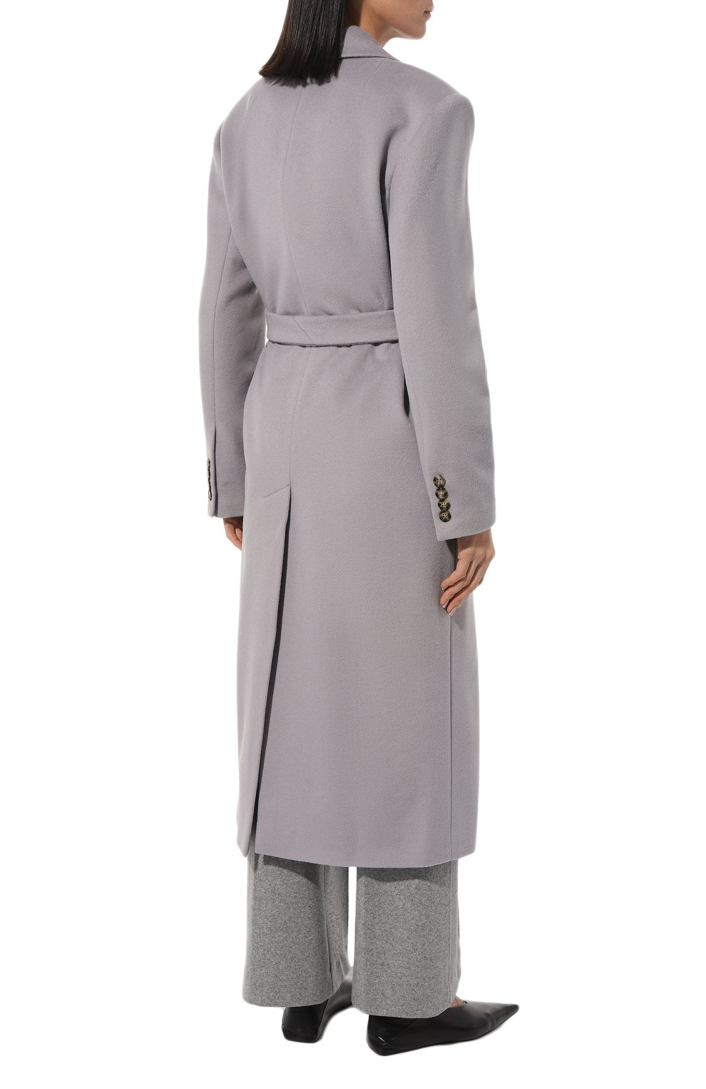 Женское пальто из шерсти и вискозы LESYANEBO серого цвета, арт. ICONIC/H-405/OLZ | Фото 4 (Материал внешний: Шерсть; Рукава: Длинные; Материал сплава: Проставлено; Стили: Классический; Длина (верхняя одежда): Длинные; Драгоценные камни: Проставлено; 1-2-бортные: Двубортные)