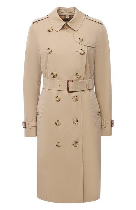 Женский хлопковый тренч kensington BURBERRY бежевого цвета, арт. 8027909 | Фото 1 (Рукава: Длинные; Материал подклада: Хлопок; Длина (верхняя одежда): До колена; Материал внешний: Хлопок; Стили: Кэжуэл)