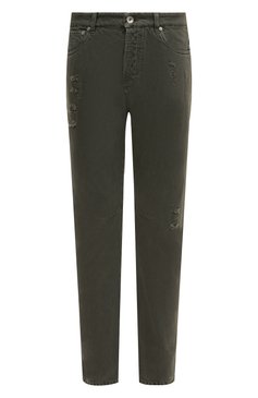 Мужские джинсы BRUNELLO CUCINELLI хаки цвета, арт. M262PX2340 | Фото 1 (Силуэт М (брюки): Прямые; Кросс-КТ: Деним; Длина (брюки, джинсы): Стандартные; Стили: Милитари; Материал внешний: Хлопок, Деним; Детали: Потертости)