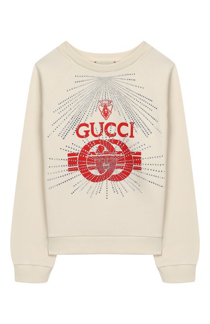 Детский хлопковый свитшот со стразами GUCCI белого цвета, арт. 520441/X9X00 | Фото 1 (Материал внешний: Хлопок; Статус проверки: Проверена категория, Проверено; Рукава: Длинные; Принт: С принтом; Мальчики Кросс-КТ: Свитшот-одежда; Ростовка одежда: 10 - 11 лет | 140 - 146см, 4 года | 104 см, 5 лет | 110 см, 6 лет | 116 см, 8 лет | 128 см)