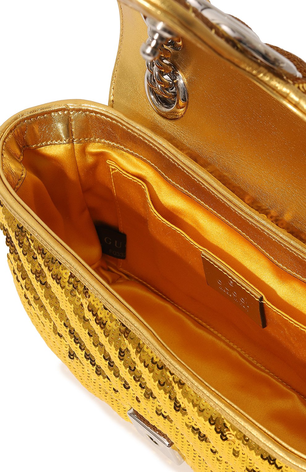 Женская сумка gg marmont mini GUCCI золотого цвета, арт. 446744 9SYXP | Фото 4 (Сумки-технические: Сумки через плечо; Размер: mini; Ремень/цепочка: На ремешке; Материал: Текстиль)