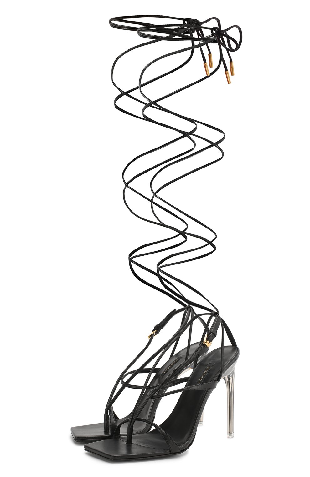 Женские кожаные босоножки VERSACE черного цвета, арт. DST331P/DNA5 | Фото 1 (Каблук  высота: Высокий; Материал внутренний: Натуральная кожа; Каблук тип: Шпилька; Подошва: Плоская)