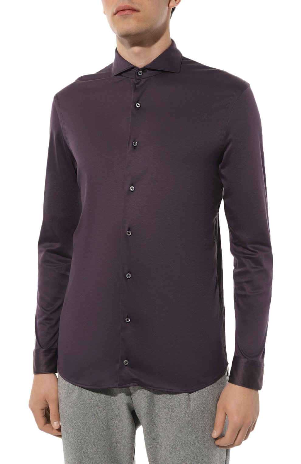 Мужская хлопковая рубашка VAN LAACK фиолетового цвета, арт. PER-LSF/180031 | Фото 3 (Манжеты: На пуговицах; Рукава: Длинные; Воротник: Акула; Случай: Повседневный; Длина (для топов): Стандартные; Рубашки М: Slim Fit; Материал сплава: Проставлено; Материал внешний: Хлопок; Принт: Однотонные; Драгоценные камни: Проставлено; Стили: Кэжуэл)