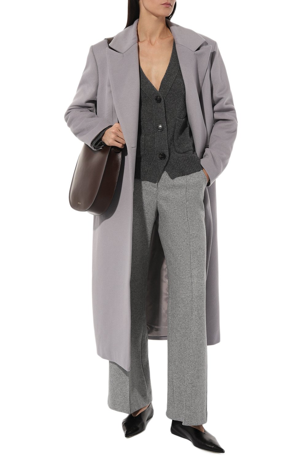 Женское пальто из шерсти и вискозы LESYANEBO серого цвета, арт. ICONIC/H-405/OLZ | Фото 2 (Материал внешний: Шерсть; Рукава: Длинные; Материал сплава: Проставлено; Стили: Классический; Длина (верхняя одежда): Длинные; Драгоценные камни: Проставлено; 1-2-бортные: Двубортные)