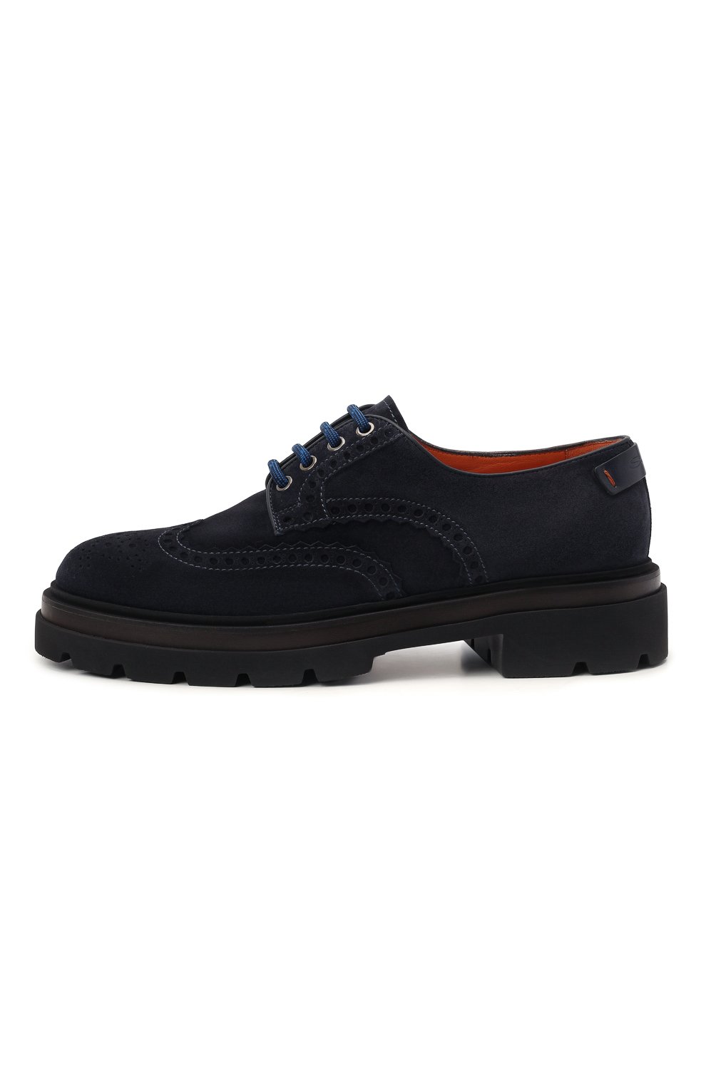 Мужские замшевые дерби SANTONI темно-синего цвета, арт. MGMG17800JK4ESLUU60 | Фото 3 (Мужское Кросс-КТ: Броги-обувь; Материал внутренний: Натуральная кожа; Стили: Классический; Материал внешний: Замша; Длина стельки: 27,6, 28, 28,9, 24,2, 24,7, 25,1, 25,5, 25,9, 26,4, 26,8, 27,2; толщина подошвы: 3,4, 3,3; ширина носка стельки: 9,7, 9,1; высота каблука: 5,1, 5)