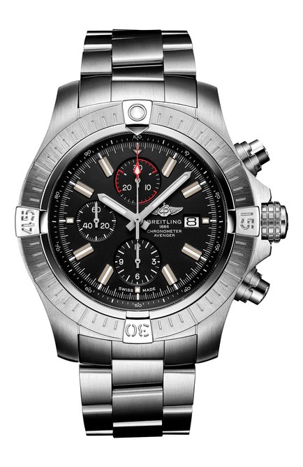 Мужские часы super avenger chronograph 48 BREITLING бесцветного цвета, арт. A13375101B1A1 | Фото 1 (Материал корпуса: Сталь; Механизм: Автомат; Цвет циферблата: Чёрный)