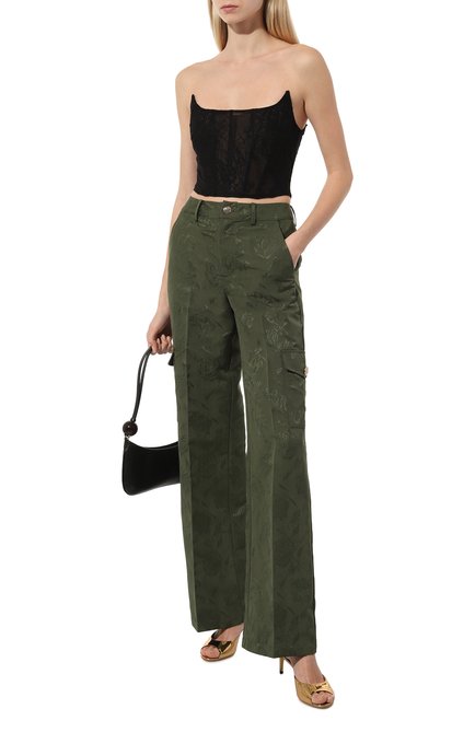 Женские брюки BLUGIRL хаки цвета, арт. RF3084/T3637 | Фото 2 (Длина (брюки, джинсы): Стандартные; Материал сплава: Проставлено; Материал внешний: Синтетический материал; Драгоценные камни: Проставлено)