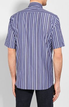 Мужская хлопковая рубашка PAUL&SHARK синего цвета, арт. E20P3227 | Фото 4 (Воротник: Button down; Рукава: Короткие; Случай: Повседневный; Принт: Полоска; Длина (для топов): Стандартные; Материал внешний: Хлопок; Мужское Кросс-КТ: Рубашка-одежда)