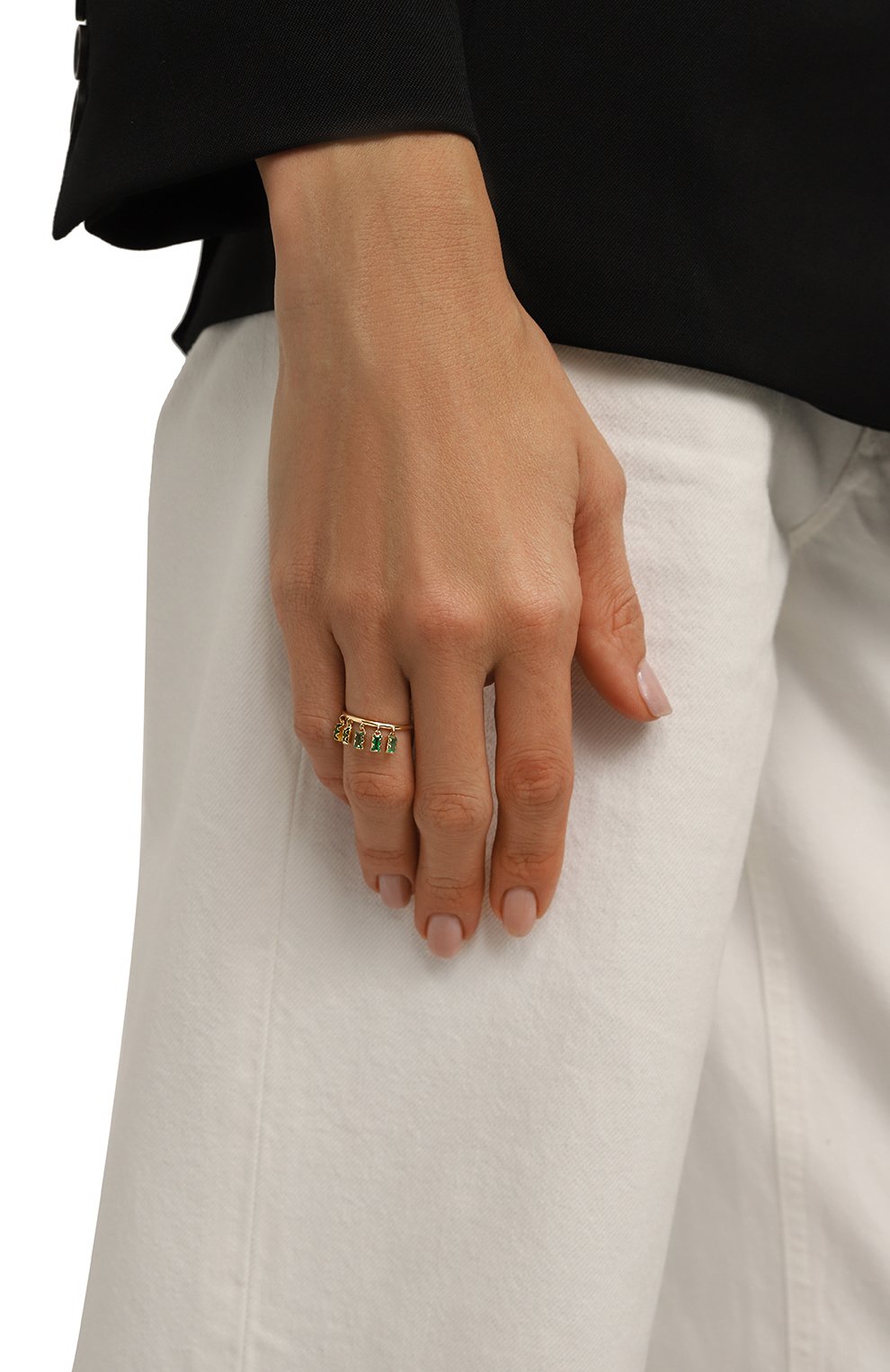 Женское кольцо с 5 подвесными изумрудами MOONKA зеленого цвета, арт. asm-r2-y | Фото 2 (Региональные ограничения белый список (Axapta Mercury): Не пр оставлено; Материал: Золото; Нос: Не проставлено)