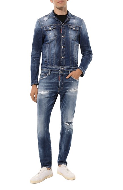 Мужская джинсовая куртка DSQUARED2 синего цвета, арт. S74AM1425/S30342 | Фото 2 (Драгоценные камни: Проставлено; Материал сплава: Проставлено; Рукава: Длинные; Длина (верхняя одежда): Короткие; Материал внешний: Хлопок)