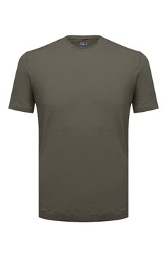 Мужская льняная футболка FEDELI хаки цвета, арт. 6UED0151 | Фото 1 (Принт: Без принта; Рукава: Короткие; Стили: Милитари; Материал внешний: Лен)