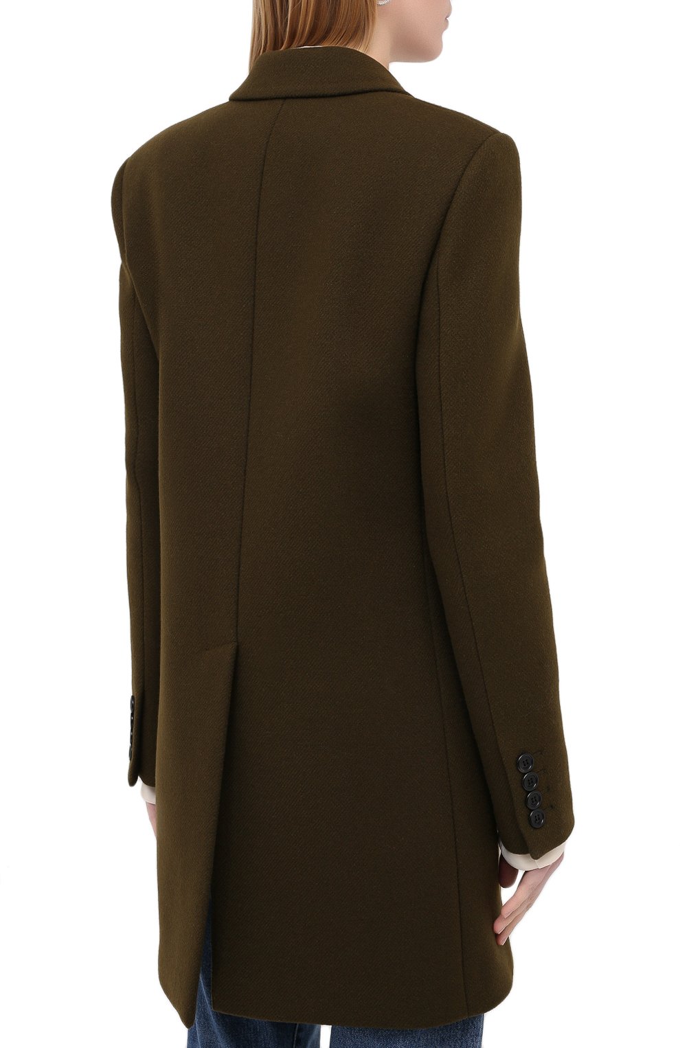Женское шерстяное пальто SAINT LAURENT хаки цвета, арт. 514595/Y5B58 | Фото 4 (Материал внешний: Шерсть; Рукава: Длинные; Длина (верхняя одежда): До середины бедра; Стили: Классический; 1-2-бортные: Двубортные; Материал подклада: Купро)