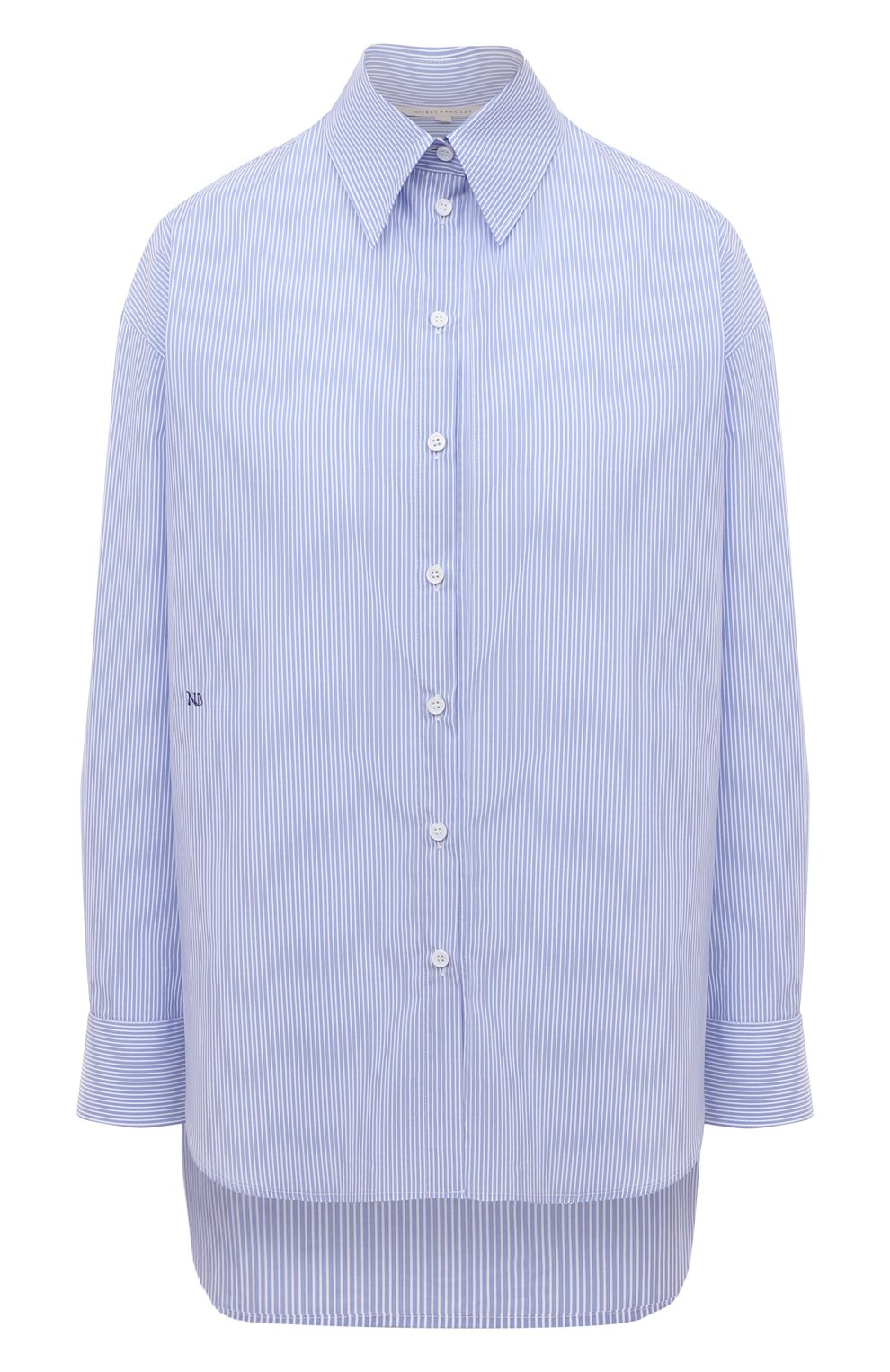 Женская хлопковая рубашка NOBLE&BRULEE голубого цвета, арт. NB001NB/131222/27 | Фото 1 (Рукава: Длинные; Женское Кросс-КТ: Рубашка-одежда; Принт: С принтом; Длина (для топов): Удлиненные; Материал внешний: Хлопок; Стили: Кэжуэл)