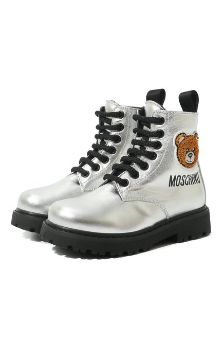 Детские кожаные ботинки MOSCHINO серебряного цвета, арт. 71868 VAR.2/28-35 | Фото 1 (Материал внешний: Кожа; Материал утеплителя: Натуральный мех)