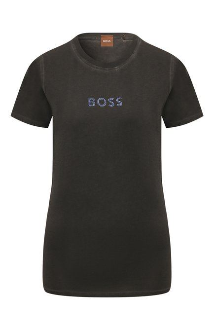 Женская хлопковая футболка BOSS темно-серого цвета, арт. 50500924 | Фото 1 (Материал сплава: Проставлено; Длина (для топов): Стандартные; Материал внешний: Хлопок; Драгоценные камни: Проставлено; Рукава: Короткие)