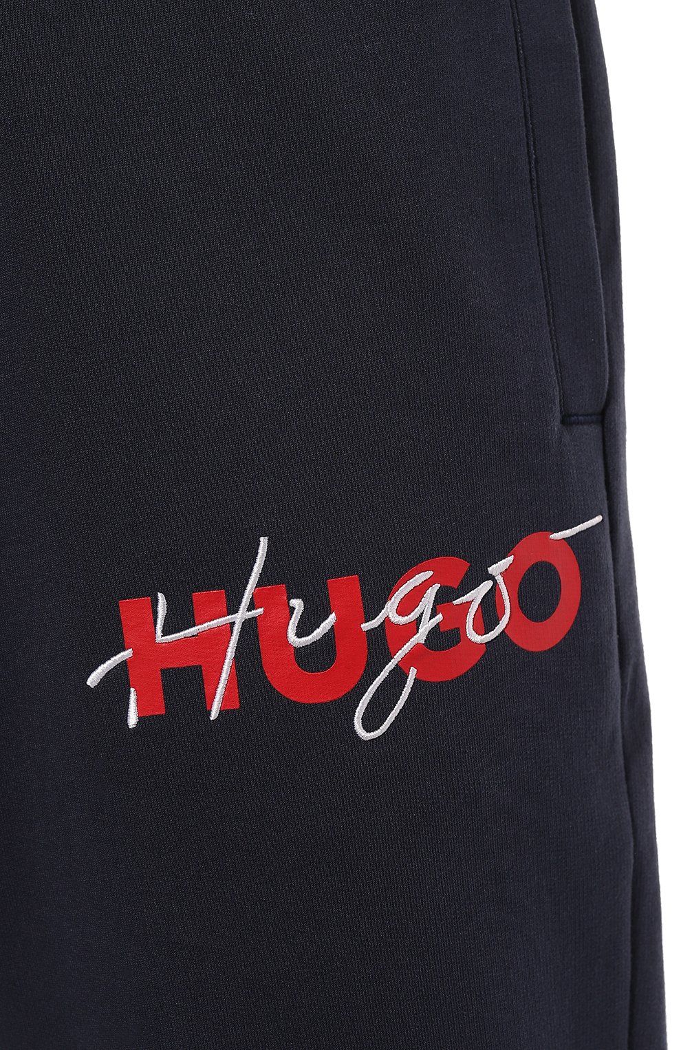 Мужские хлопковые джоггеры HUGO синего цвета, арт. 50496981 | Фото 5 (Длина (брюки, джинсы): Стандартные; Материал сплава: Проставлено; Материал внешний: Хлопок; Стили: Спорт-шик; Драгоценные камни: Проставлено; Силуэт М (брюки): Джоггеры)