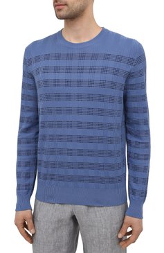Мужской хлопковый джемпер BRIONI синего цвета, арт. UMQ90L/P0K11 | Фото 3 (Мужское Кросс-КТ: Джемперы; Рукава: Длинные; Длина (для топов): Стандартные; Принт: С принтом; Региональные ограничения белый список (Axapta Mercury): RU; Материал внешний: Хлопок; Вырез: Круглый; Стили: Кэжуэл)