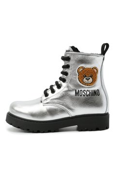 Детские кожаные ботинки MOSCHINO серебряного цвета, арт. 68927/LAMINAT0/28-35 | Фото 2 (Материал утеплителя: Натуральный мех; Материал сплава: Проставлено; Нос: Не проставлено)